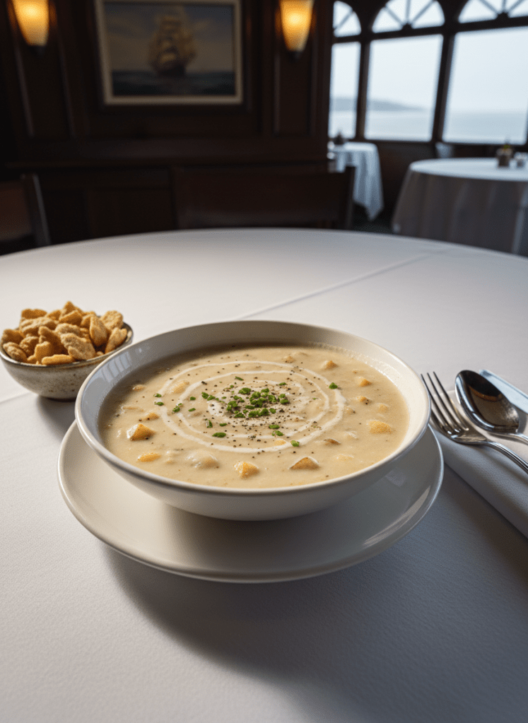 A deep, porcelain bowl of creamy clam chowder placed on a crisp white linen tablecloth in an elegant coastal restaurant setting. The chowder is rich and velvety, speckled with tender clam pieces and golden potato cubes, garnished with a swirl of cream, chopped chives, and cracked black pepper. Beside the bowl, a small dish of rustic oyster crackers and a folded linen napkin with polished silverware add refinement. Warm pendant lighting from above creates soft highlights on the surface of the soup and gentle shadows around the bowl. Photographic realism, eye-level composition with a slightly blurred background hinting at sophisticated nautical decor and distant windows, evoking a calm, cozy, and upscale dining atmosphere on the Oregon coast.