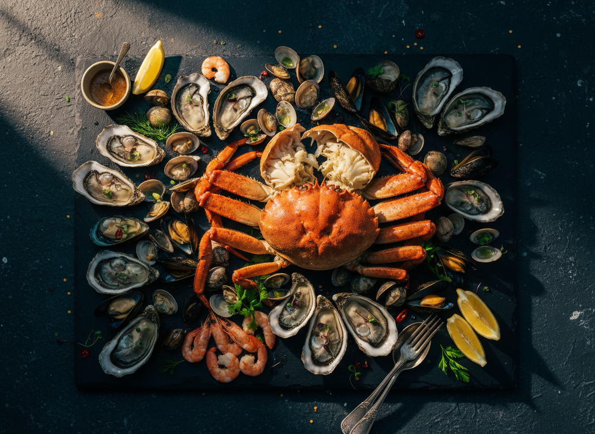 Fresh coastal seafood spread including Dungeness crab, oysters, and shrimp on a dark slate surface